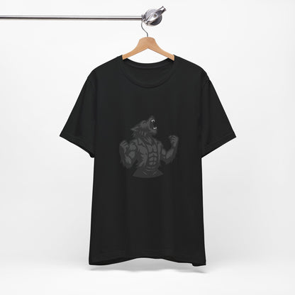 Werewolf Transformation T-Shirt – Dark Theme Grayscale Muscular Monster Design on Black Tee with Savage Energy and Modern Ghost Effect. Unisex Jersey Short Sleeve Tee