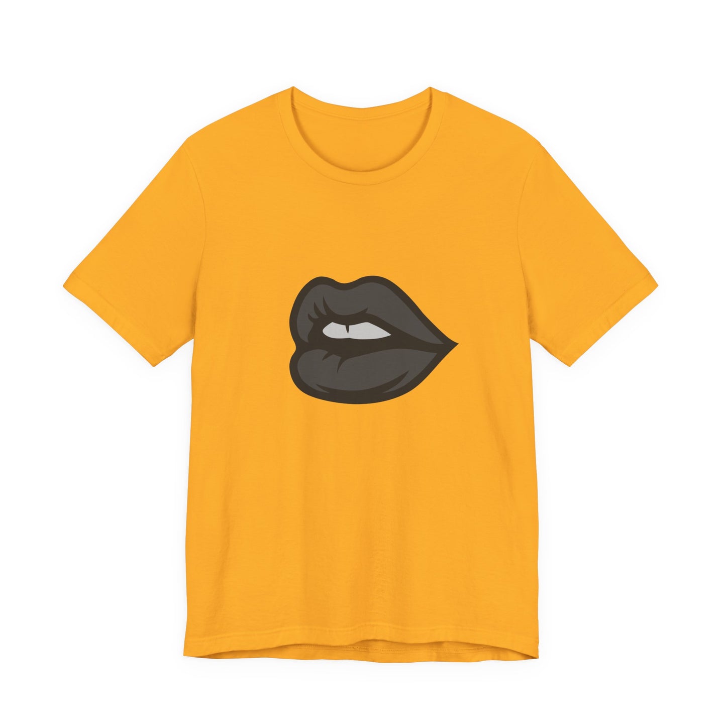 Dark Lips Graphic T-Shirt – Dark Theme Grayscale Biting Lip Design on Black Tee with Subtle Seduction and Modern Ghost Effect. Unisex Jersey Short Sleeve Tee