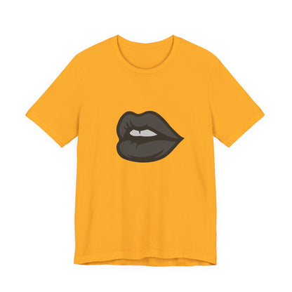 Dark Lips Graphic T-Shirt – Dark Theme Grayscale Biting Lip Design on Black Tee with Subtle Seduction and Modern Ghost Effect. Unisex Jersey Short Sleeve Tee
