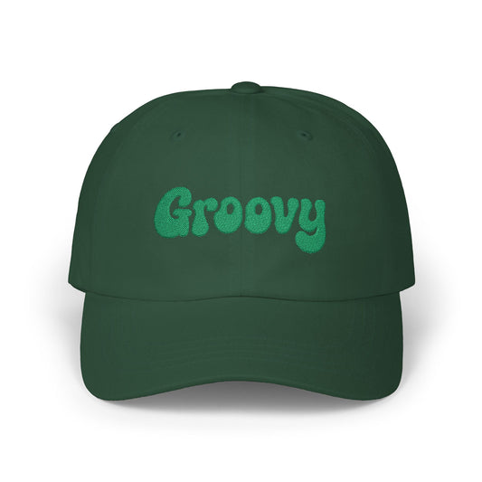 Groovy Classic Dad Hat – Retro Embroidered Hat with 70s Style Font for Funky Vibes, Chill Days, and Vintage Cool. Green Letters