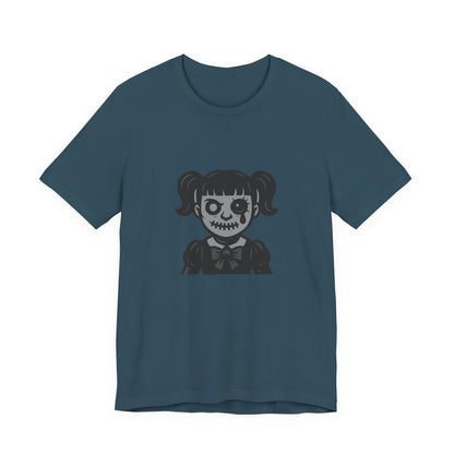 Scary Doll Graphic T-Shirt – Dark Theme Grayscale Creepy Cute Girl Design on Black Tee with Haunted Vibes and Modern Ghost Effect. Unisex Jersey Short Sleeve Tee