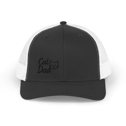 Cat Dad Trucker Hat – Embroidered Minimalist Cat Face Hat for Proud Pet Dads and Feline Fans. Black Letters