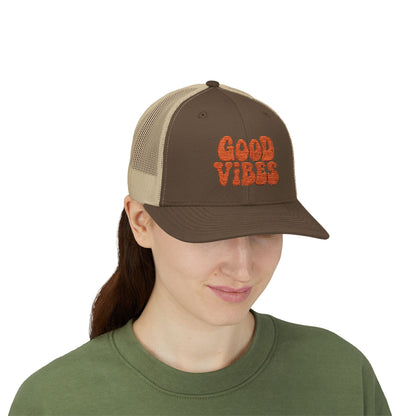 Good Vibes Trucker Hat – Embroidered Retro Text Hat for Positive Vibes, Chill Style, and Everyday Feel-Good Energy. Orange Letters