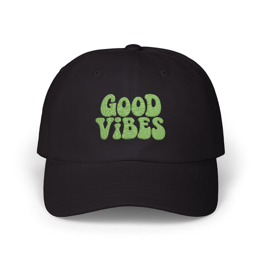 Good Vibes Classic Dad Hat – Embroidered Retro Text Hat for Positive Vibes, Chill Style, and Everyday Feel-Good Energy. Green Letters
