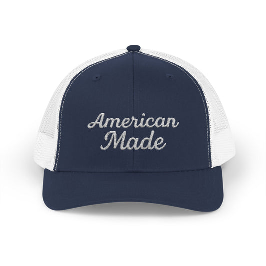 American Made Trucker Hat – Embroidered Patriotic Hat with Retro Script for USA Pride and Everyday Freedom. White Letters