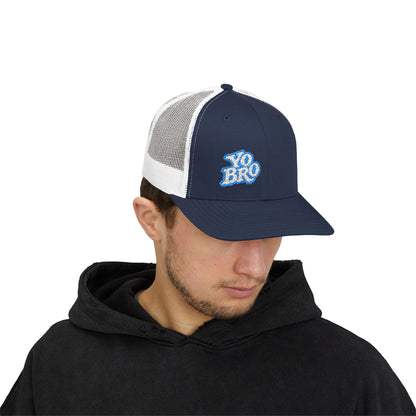 Yo Bro Trucker Hat – Embroidered Blue & White Hat for Laid-Back Vibes