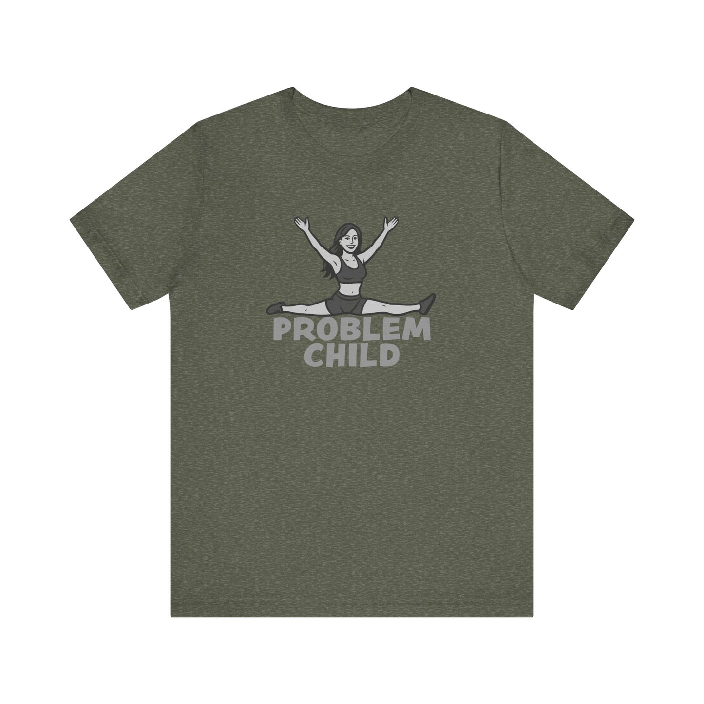 Problem Child Graphic Tee Cheerful Rebel Jump Pose in Bold Dark Theme Monochrome Style. Unisex Jersey Short Sleeve Tee