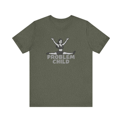 Problem Child Graphic Tee Cheerful Rebel Jump Pose in Bold Dark Theme Monochrome Style. Unisex Jersey Short Sleeve Tee