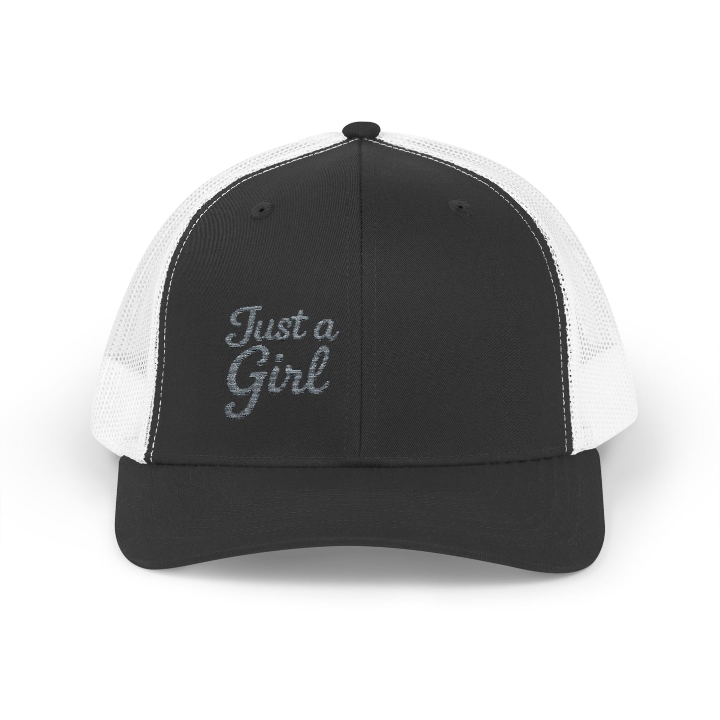 Just a Girl Trucker Hat – Minimalist Script Hat with Bold Feminine Energy and Classic Style. Grey Letters