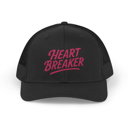 Heartbreaker Trucker Hat – Bold Baseball Hat with Retro Script and Broken Heart Design for Confident Rule-Breakers. Pink Letters