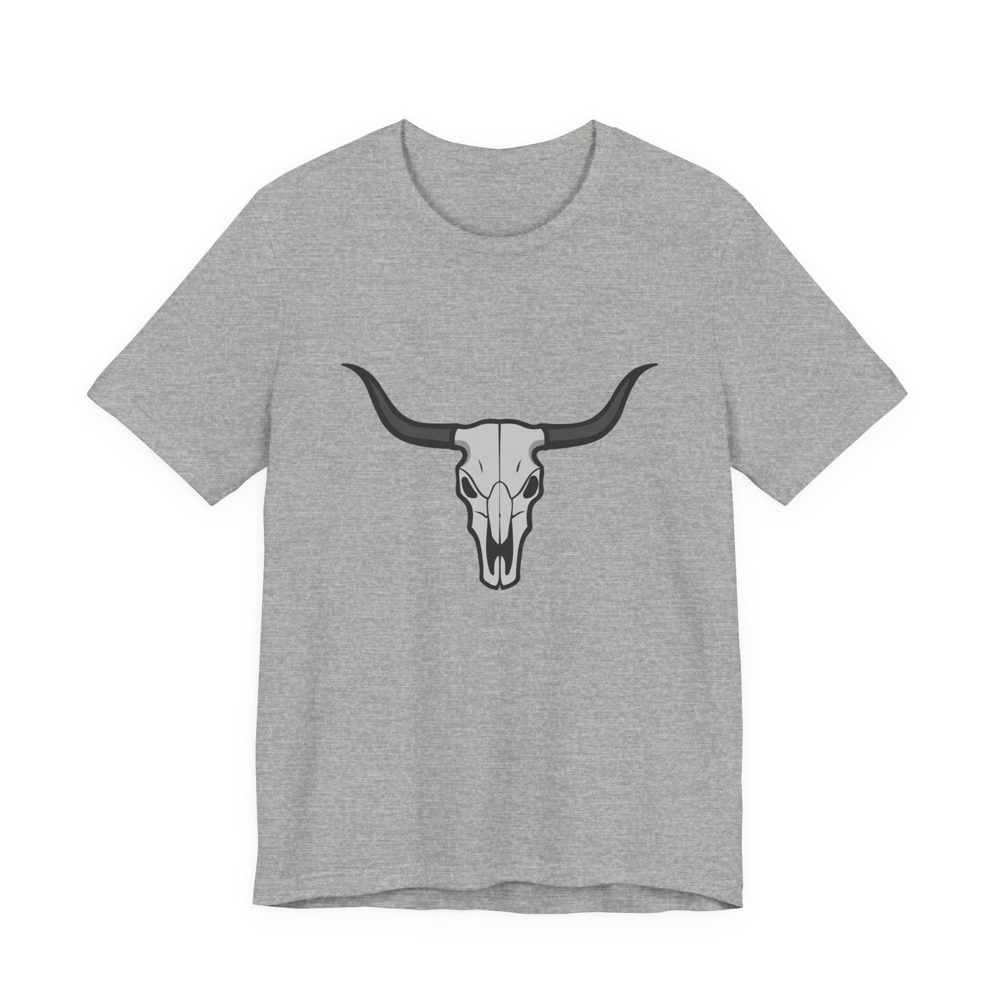 Dark Theme Steer Skull Shirt – Western Cow Skull Graphic in Grey and Black for Desert Gothic Vibes. Unisex Jersey Short Sleeve Tee