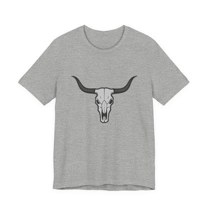 Dark Theme Steer Skull Shirt – Western Cow Skull Graphic in Grey and Black for Desert Gothic Vibes. Unisex Jersey Short Sleeve Tee