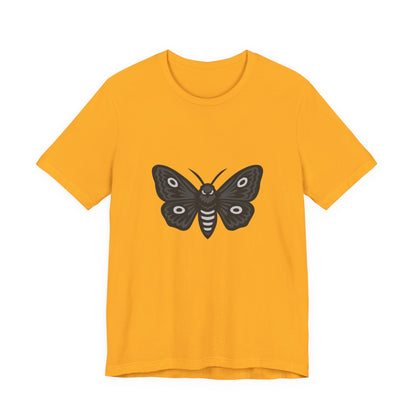 Moth Graphic T-Shirt – Dark Theme Grayscale Winged Insect Design on Black Tee with Gothic Mood and Subtle Modern Ghost Effect. Unisex Jersey Short Sleeve Tee