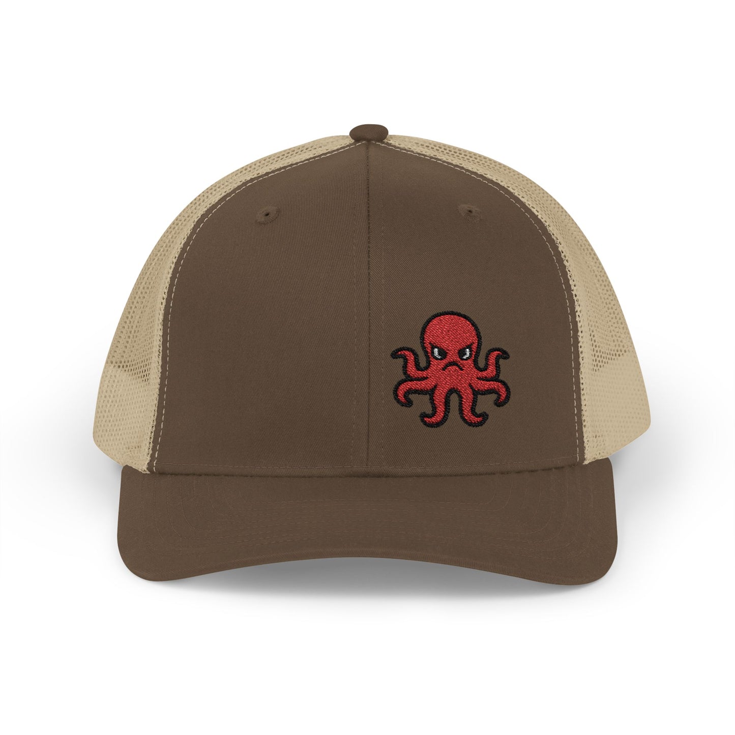Angry Octopus Trucker Hat – Embroidered Red Sea Creature Hat with Cartoon Vibes and Bold Attitude