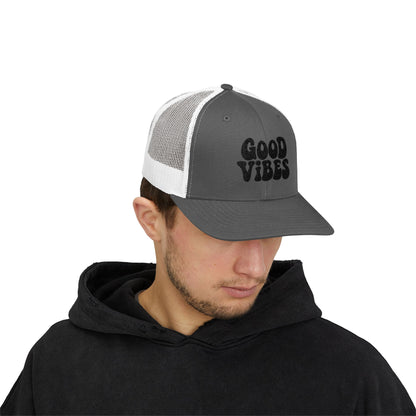Good Vibes Trucker Hat – Embroidered Retro Text Hat for Positive Vibes, Chill Style, and Everyday Feel-Good Energy. Black Letters