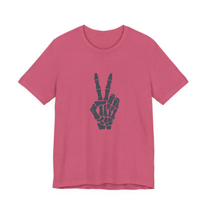 Skeleton Peace Hand Graphic T-Shirt – Gritty Dark Theme Grayscale Bones on Black Tee with Rebellious Calm and Modern Ghost Effect. Unisex Jersey Short Sleeve Tee