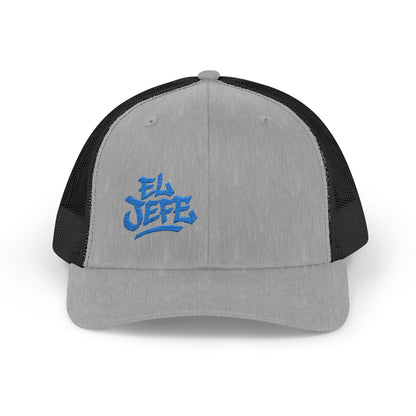 El Jefe Trucker Hat – Embroidered Bold Text Hat for Boss Energy, Leadership Style, and Latin Flair. Blue Letters
