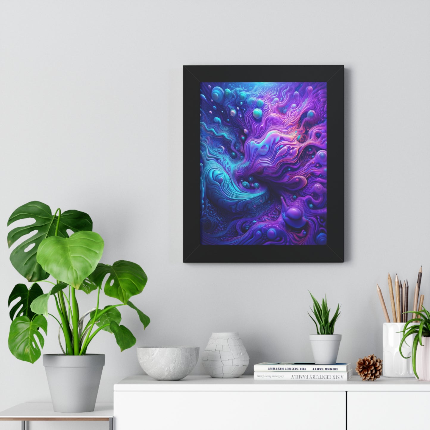 Ethereal Depths Abstract Art Framed Vertical Poster - Vibrant Purple and Blue Design for Home Decor