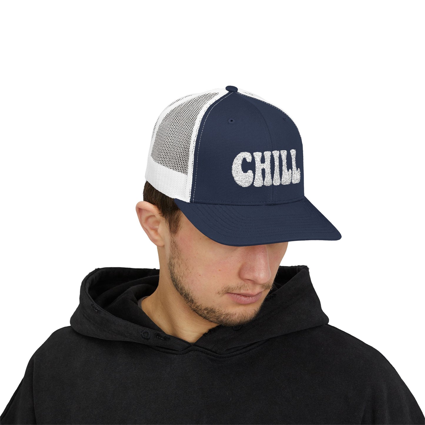 Chill Trucker Hat – Embroidered Relaxed Script Hat for Easygoing Vibes and Everyday Cool. White Letters
