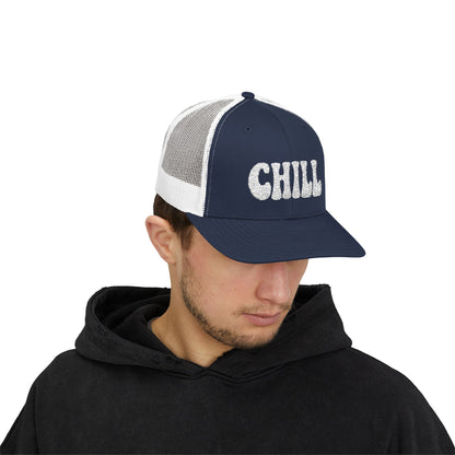 Chill Trucker Hat – Embroidered Relaxed Script Hat for Easygoing Vibes and Everyday Cool. White Letters