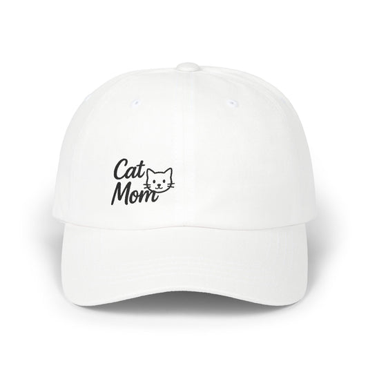 Cat Mom Classic Dad Hat – Embroidered Minimalist Cat Face Hat for Feline-Loving Women with Style. Black Letters