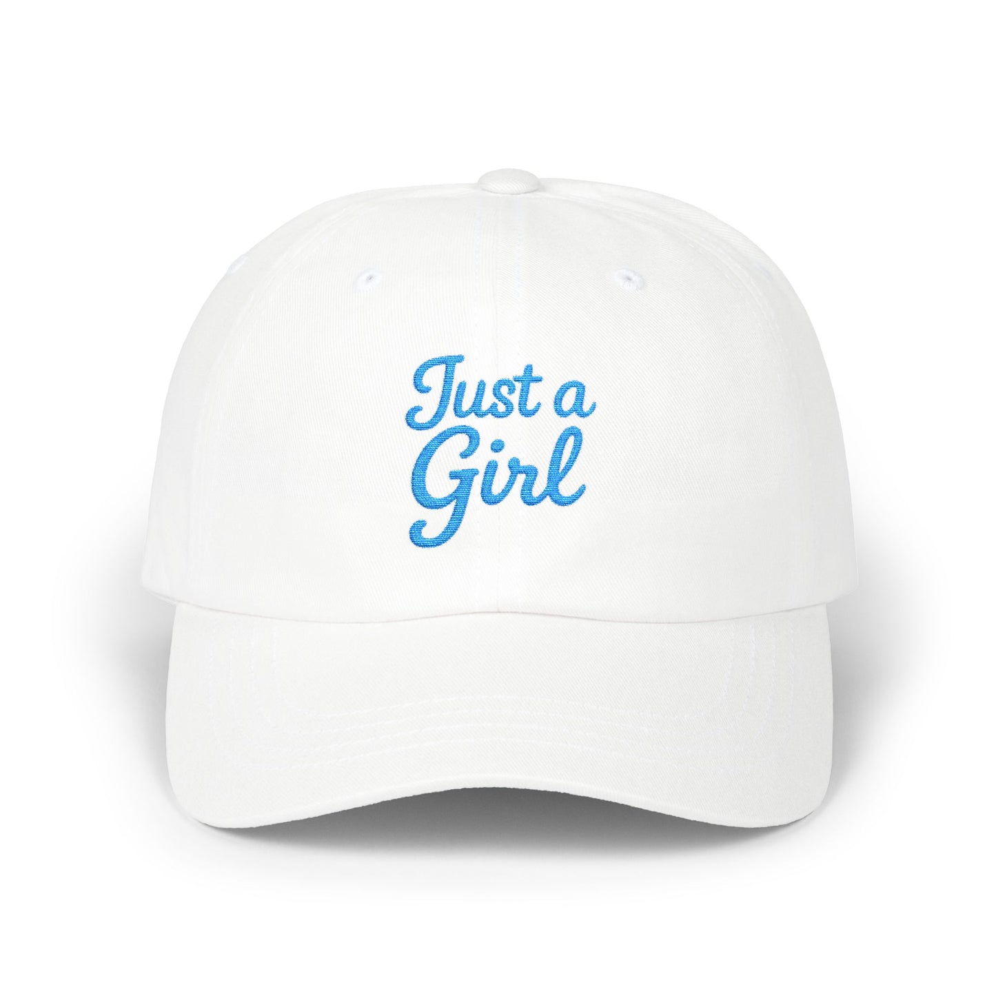 Just a Girl Embroidered Classic Dad Hat – Minimalist Script Baseball Hat with Bold Feminine Energy and Classic Style. Blue Letters