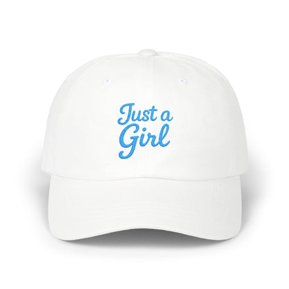 Just a Girl Embroidered Classic Dad Hat – Minimalist Script Baseball Hat with Bold Feminine Energy and Classic Style. Blue Letters
