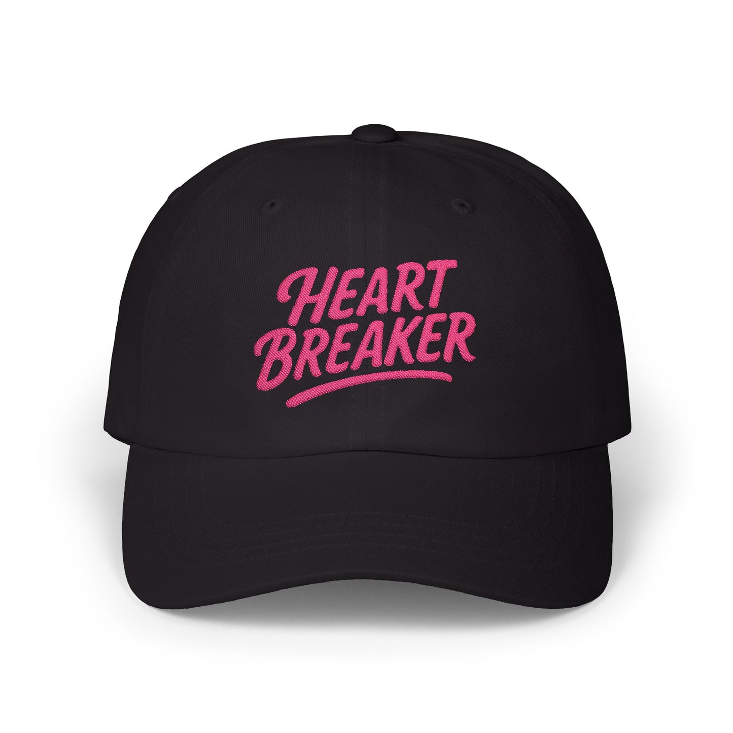 Heartbreaker Embroidered Classic Dad Hat – Bold Baseball Hat with Retro Script and Broken Heart Design for Confident Rule-Breakers. Pink Letters