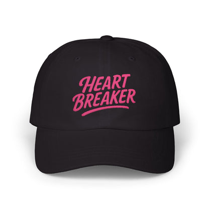 Heartbreaker Embroidered Classic Dad Hat – Bold Baseball Hat with Retro Script and Broken Heart Design for Confident Rule-Breakers. Pink Letters