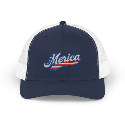 Merica Trucker Hat – Patriotic Embroidered Hat with Vintage Sports Style