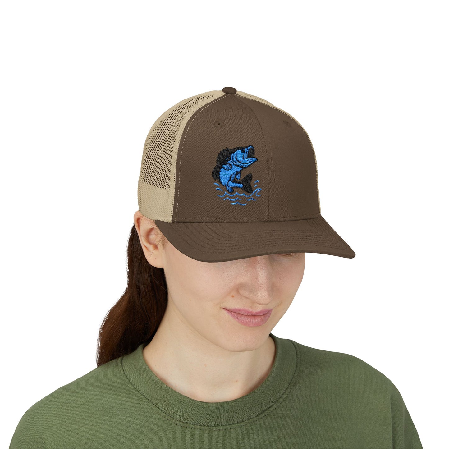 Jumping Fish Trucker Hat – Embroidered Blue Fishing Hat for Anglers, Lake Days, and Outdoor Style