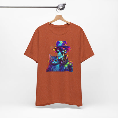 Cool Skeleton and Cat Halloween Shirt – Neon Retro Horror Graphic Tee for Spooky Style and Cat Lovers