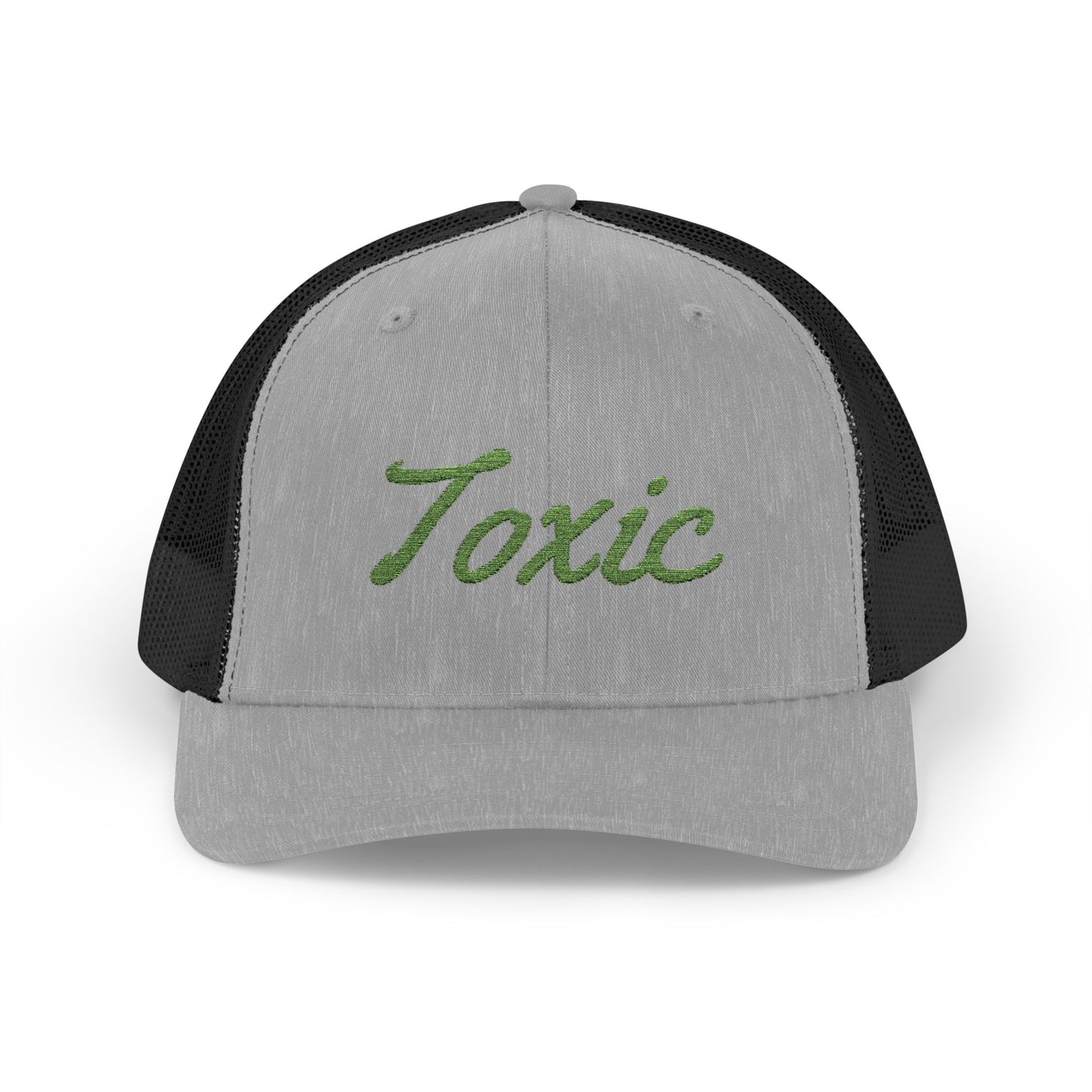 Toxic Trucker Hat – Embroidered Green Script Hat for Ironic Vibes and Bold Personality