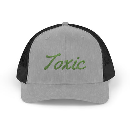 Toxic Trucker Hat – Embroidered Green Script Hat for Ironic Vibes and Bold Personality