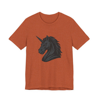 Dark Unicorn Profile T-Shirt – Dark Theme Grayscale Fierce Mythical Horse Design on Black Tee with Gothic Magic and Modern Ghost Effect. Unisex Jersey Short Sleeve Tee