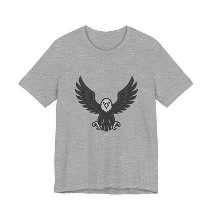 Eagle Wings Graphic T-Shirt – Dark Theme Grayscale Soaring Predator Design on Black Tee with Intensity and Modern Ghost Effect. Unisex Jersey Short Sleeve Tee