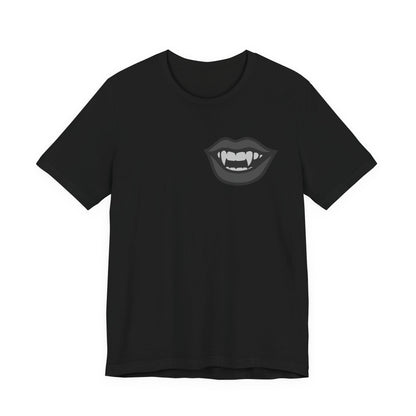 Vampire Mouth Graphic T-Shirt – Dark Theme Grayscale Fanged Lips on Black Tee with Gothic Bite and Modern Ghost Effect. Unisex Jersey Short Sleeve Tee