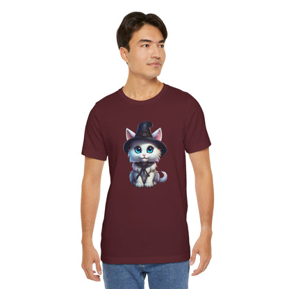 Adorable Witch Cat Halloween Shirt – Cute White Cat in Hat Graphic Tee for Cat Lovers and Halloween Fans