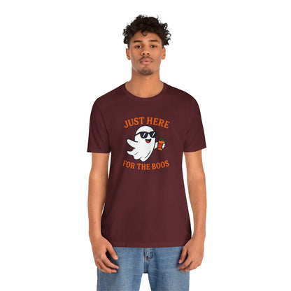Just Here for the Boos Halloween Shirt – Funny Ghost Drinking Coffee Graphic Tee for Spooky Season