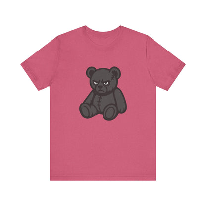 Angry Teddy Bear Graphic T-Shirt – Dark Theme Grayscale Plush with Attitude on Black Tee for Edgy or Ironic Style. Unisex Jersey Short Sleeve Tee