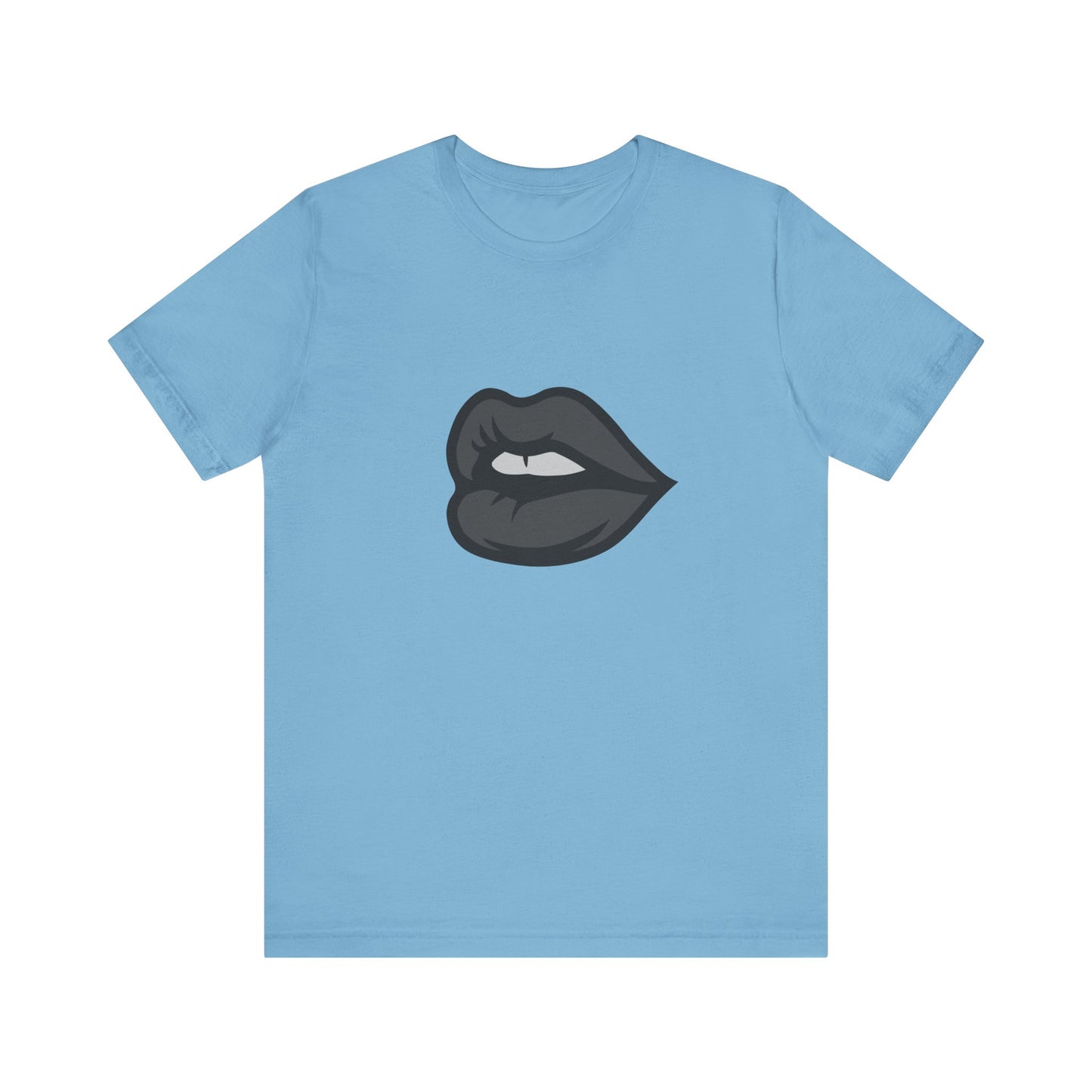 Dark Lips Graphic T-Shirt – Dark Theme Grayscale Biting Lip Design on Black Tee with Subtle Seduction and Modern Ghost Effect. Unisex Jersey Short Sleeve Tee