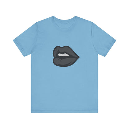 Dark Lips Graphic T-Shirt – Dark Theme Grayscale Biting Lip Design on Black Tee with Subtle Seduction and Modern Ghost Effect. Unisex Jersey Short Sleeve Tee