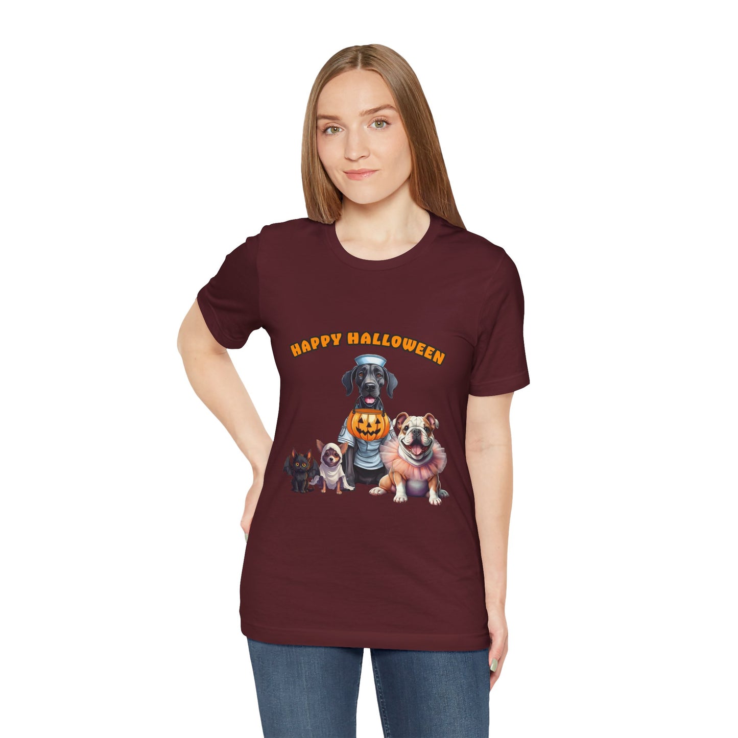 Happy Halloween Pet Parade Shirt – Cute Halloween Dogs and Cat in Costumes. Unisex Jersey Short Sleeve Tee