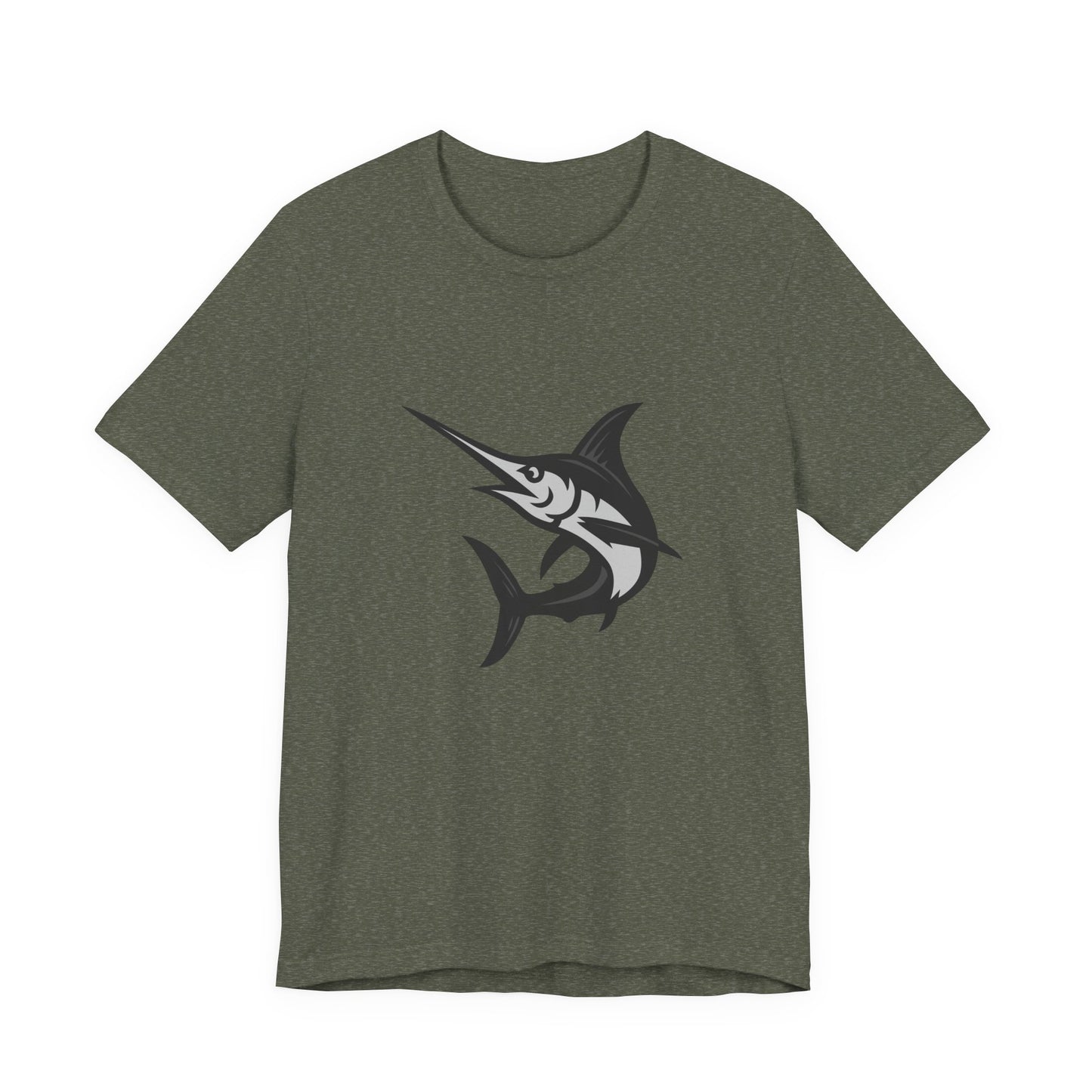 Swordfish Graphic T-Shirt – Dark Theme Grayscale Ocean Predator Design on Black Tee with Streamlined Power and Modern Ghost Effect. Unisex Jersey Short Sleeve Tee