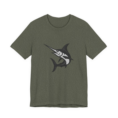 Swordfish Graphic T-Shirt – Dark Theme Grayscale Ocean Predator Design on Black Tee with Streamlined Power and Modern Ghost Effect. Unisex Jersey Short Sleeve Tee