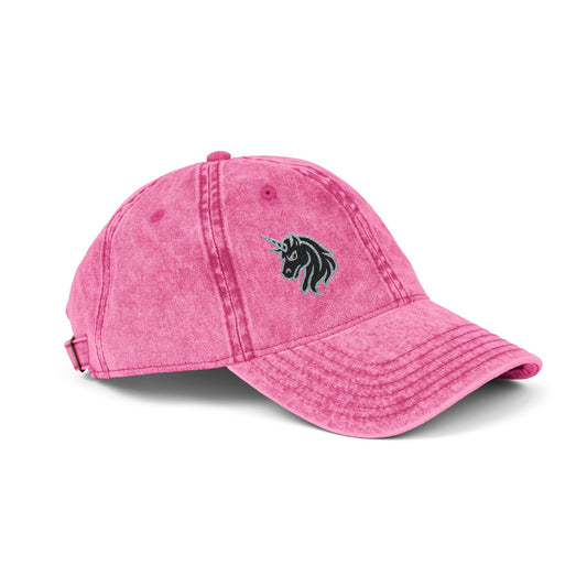 Angry Unicorn Vintage Hat – Embroidered Gothic Fantasy Hat with Red Eyes and Fierce Horned Design