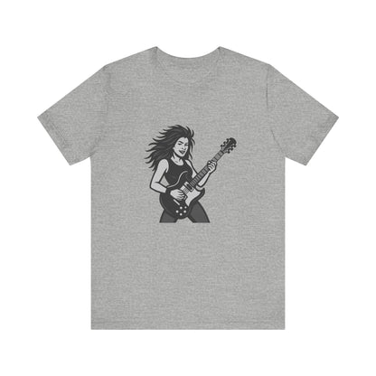 Rock Guitar Girl Graphic T-Shirt – Dark Theme Grayscale Electric Guitarist Design on Black Tee with Music Attitude and Modern Ghost Effect. Unisex Jersey Short Sleeve Tee