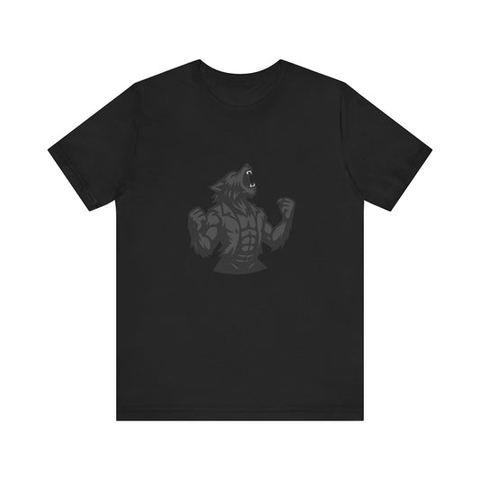 Werewolf Transformation T-Shirt – Dark Theme Grayscale Muscular Monster Design on Black Tee with Savage Energy and Modern Ghost Effect. Unisex Jersey Short Sleeve Tee