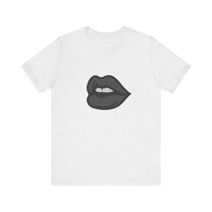 Dark Lips Graphic T-Shirt – Dark Theme Grayscale Biting Lip Design on Black Tee with Subtle Seduction and Modern Ghost Effect. Unisex Jersey Short Sleeve Tee