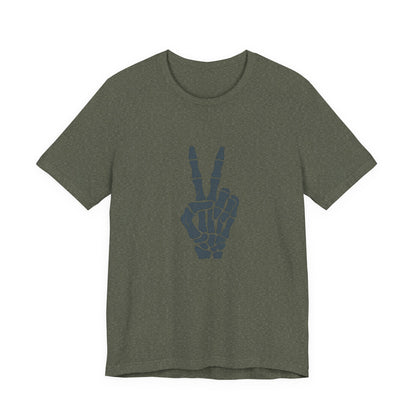 Skeleton Peace Hand Graphic T-Shirt – Gritty Dark Theme Grayscale Bones on Black Tee with Rebellious Calm and Modern Ghost Effect. Unisex Jersey Short Sleeve Tee